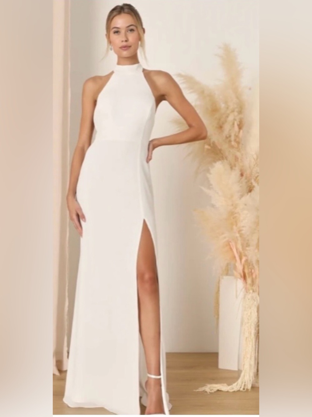 LuLus Bridal White Satin Backless Halter Gown Size Medium